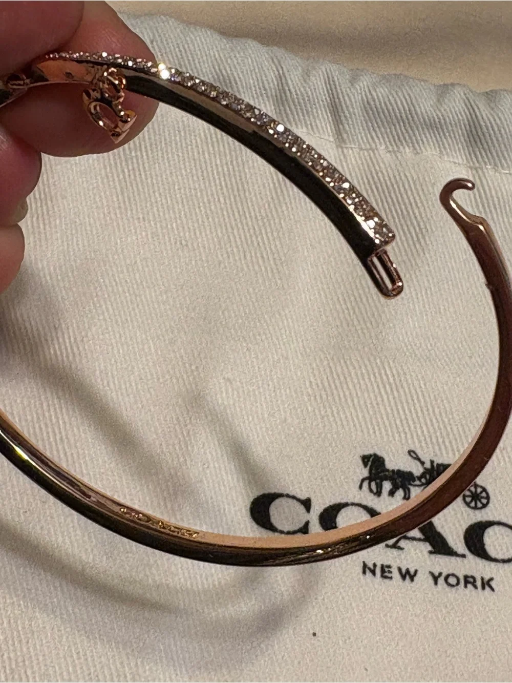 Coach Rose Gold Crystal Pavé Hinged Bangle with 'C' Charm